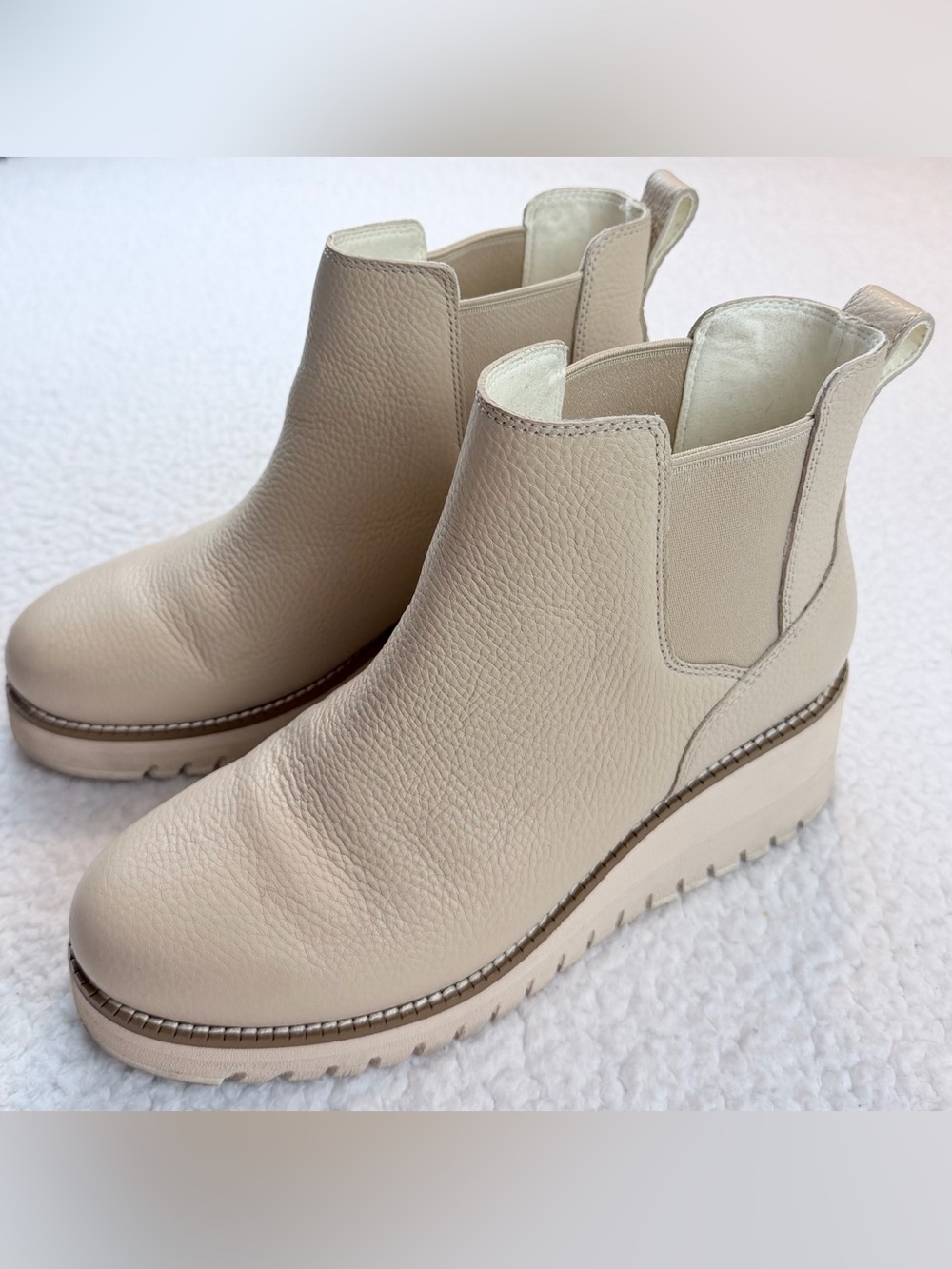 COLE HAAN • Zerogrand Beige/Cream Pebble Leather Chelsea Wedge Ankle Booties, 7 - Picture 4 of 16